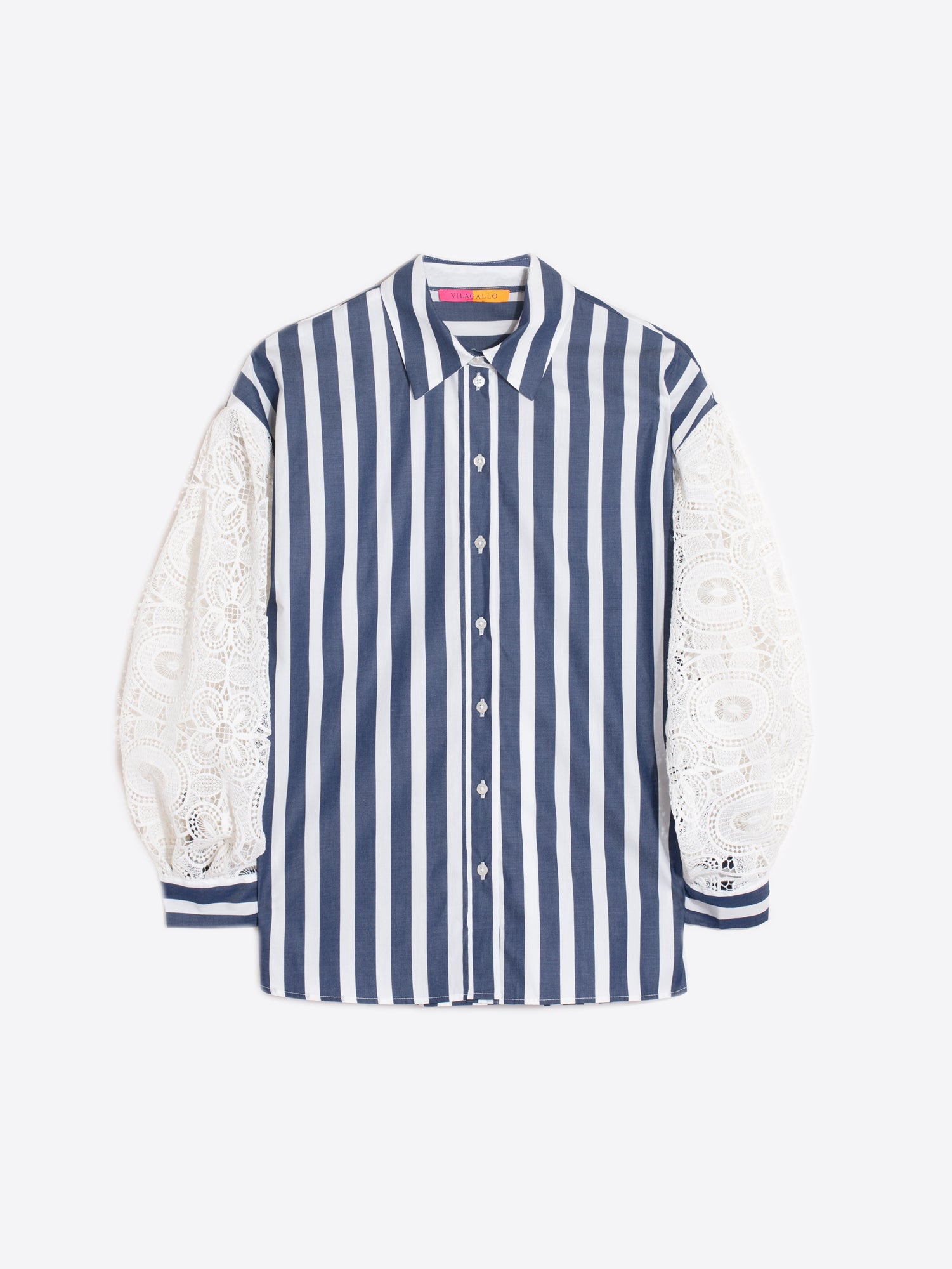 White & Blue Vernen Stripe Shirt With Lace Sleeves