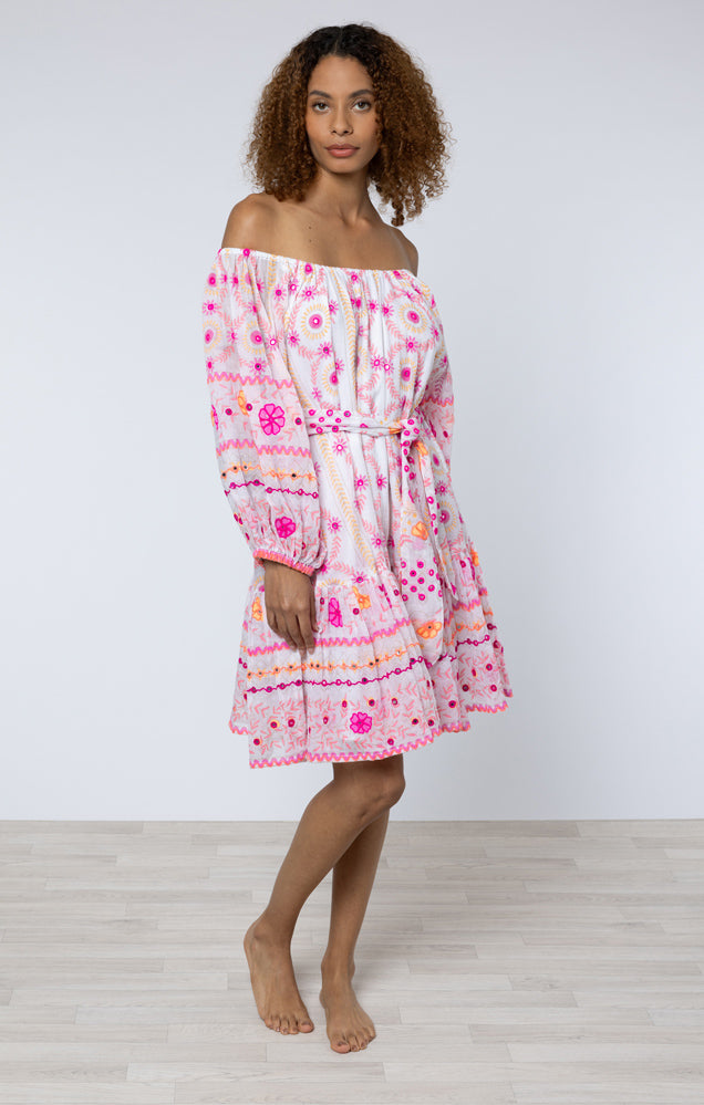 White & Fuchsia Embroidered Mexican Print Dress