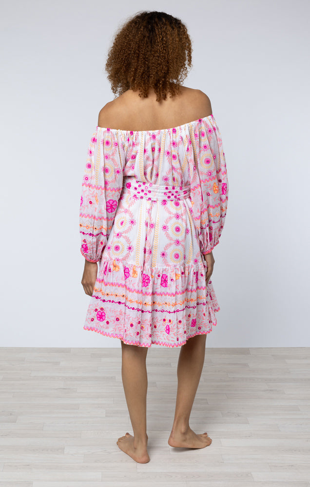 White & Fuchsia Embroidered Mexican Print Dress