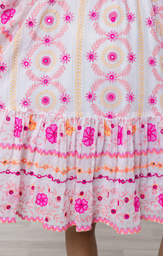 White & Fuchsia Embroidered Mexican Print Dress