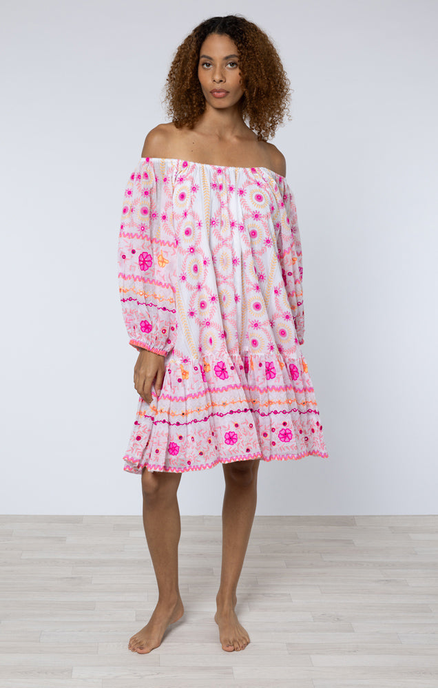 White & Fuchsia Embroidered Mexican Print Dress