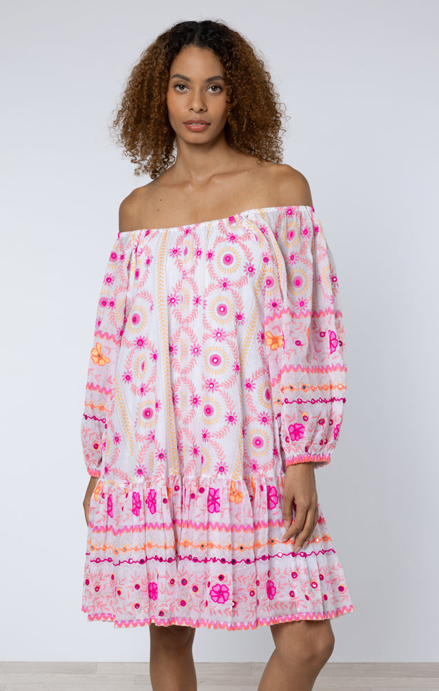 White & Fuchsia Embroidered Mexican Print Dress