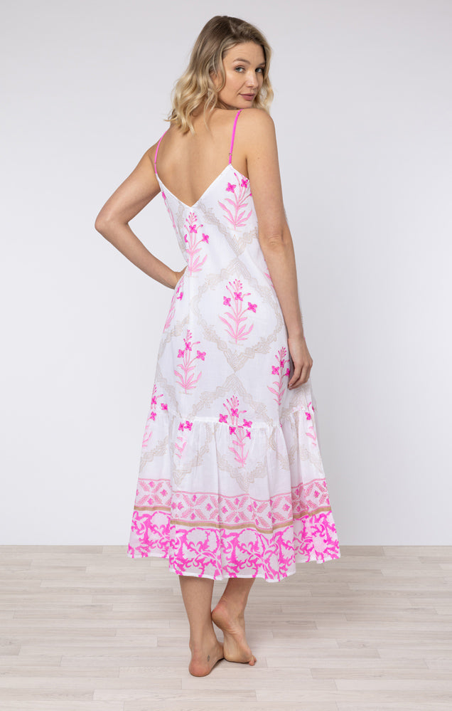 White & Fuchsia Floral Print Midi Dress