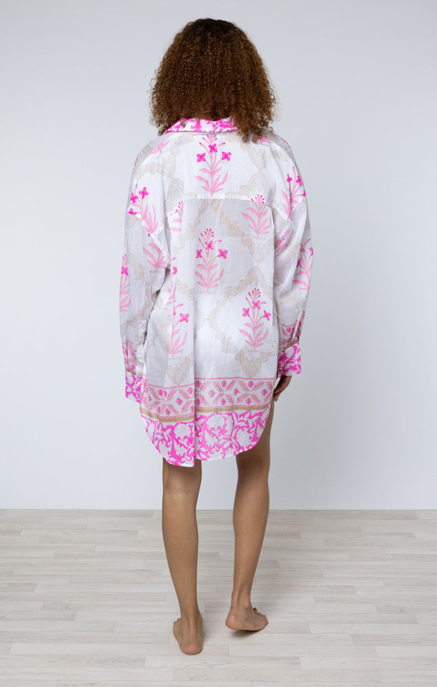 White & Fuchsia Floral Tile Print Shirt