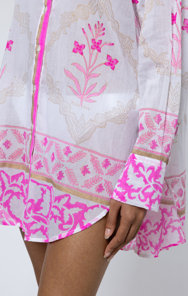 White & Fuchsia Floral Tile Print Shirt