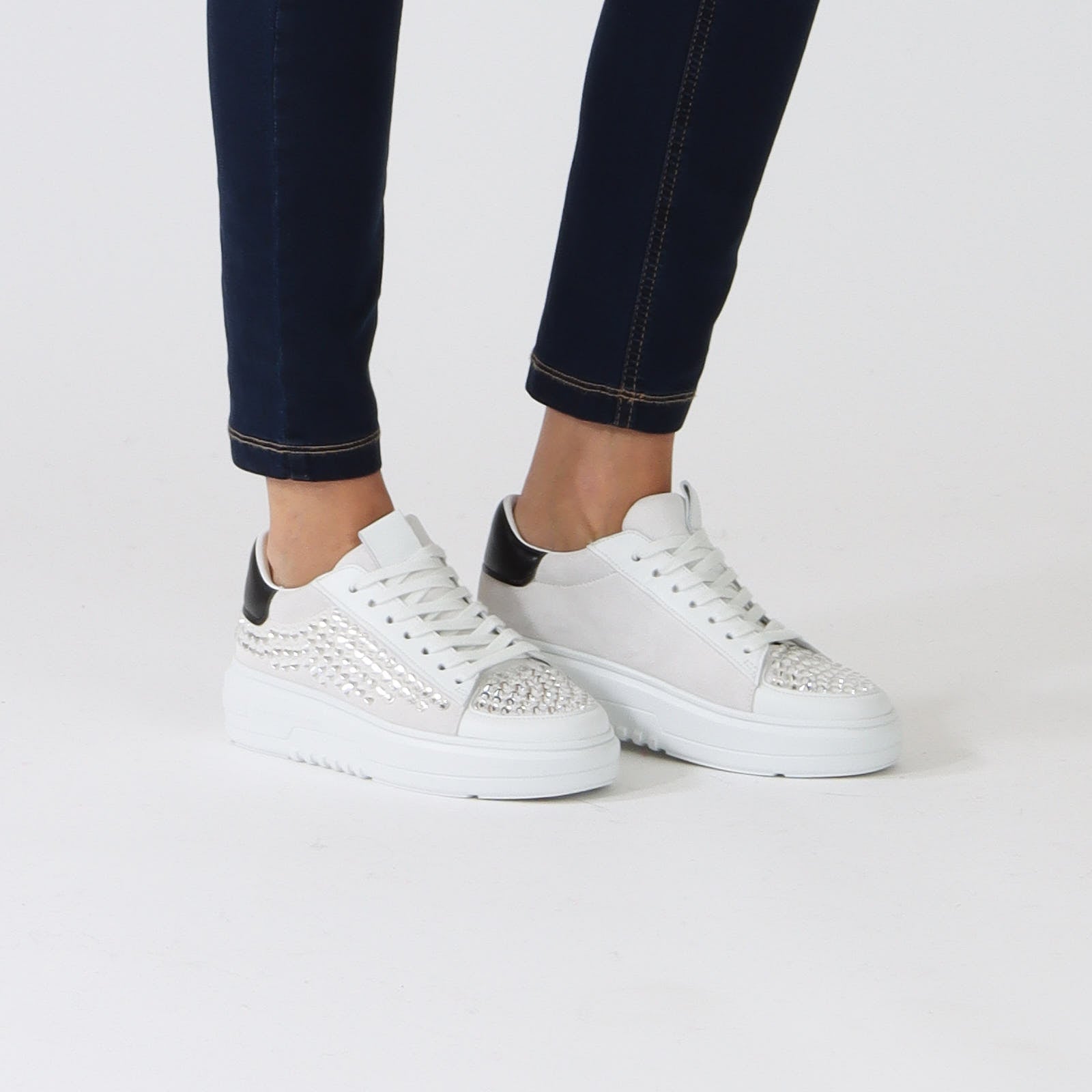White Lace-Up Sneakers With Crystals