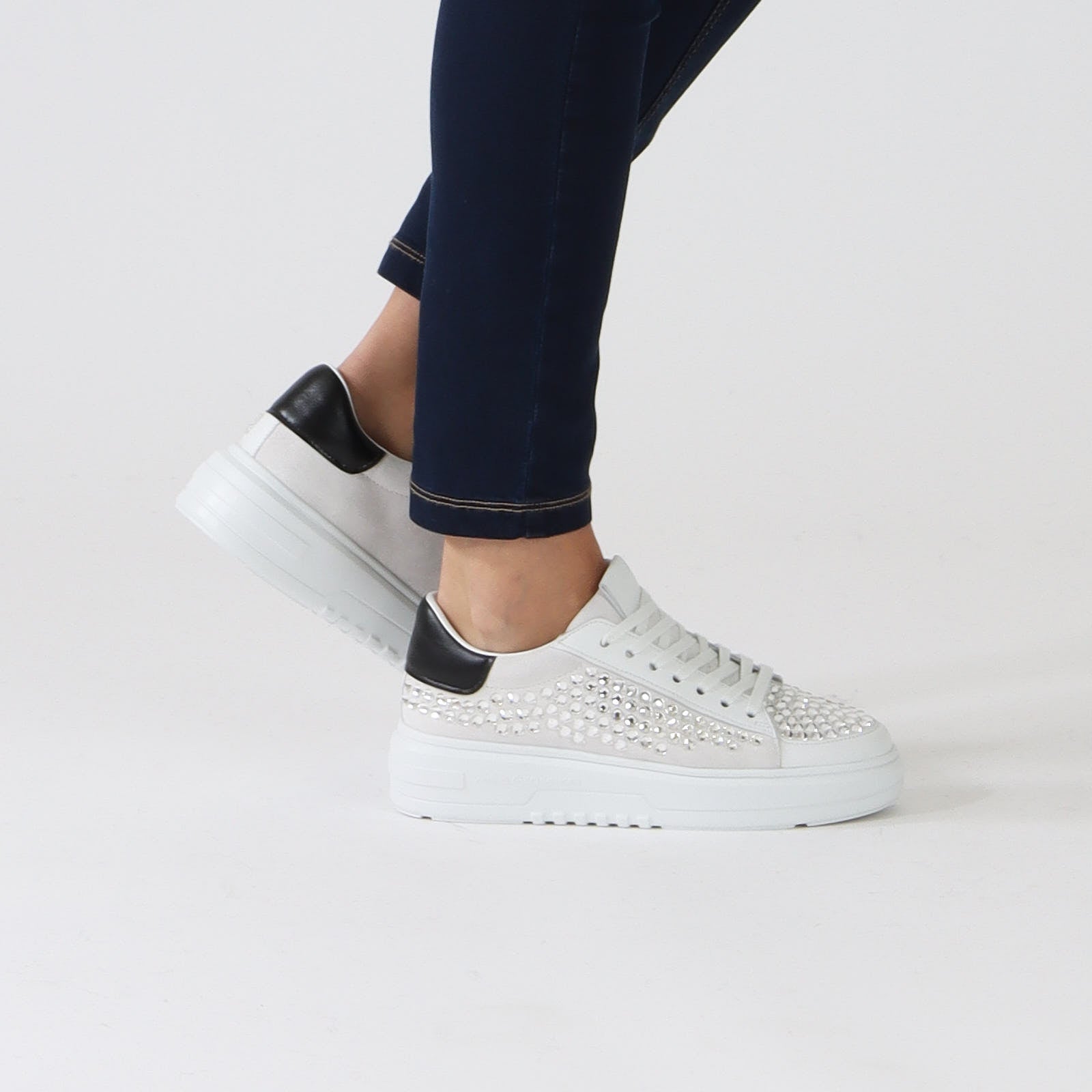White Lace-Up Sneakers With Crystals