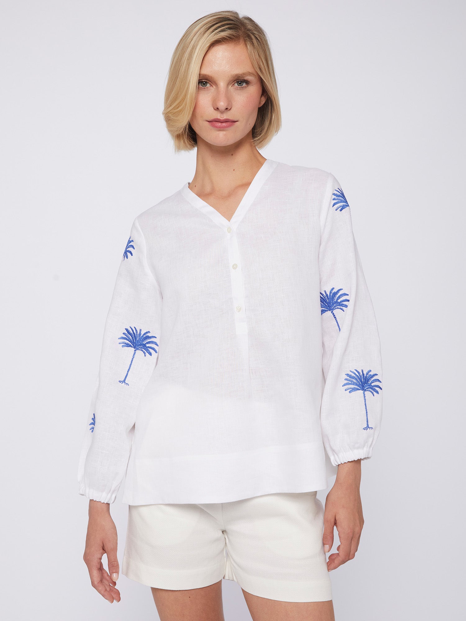 White Linen Ebba Palm Tree Embroidered Blouse