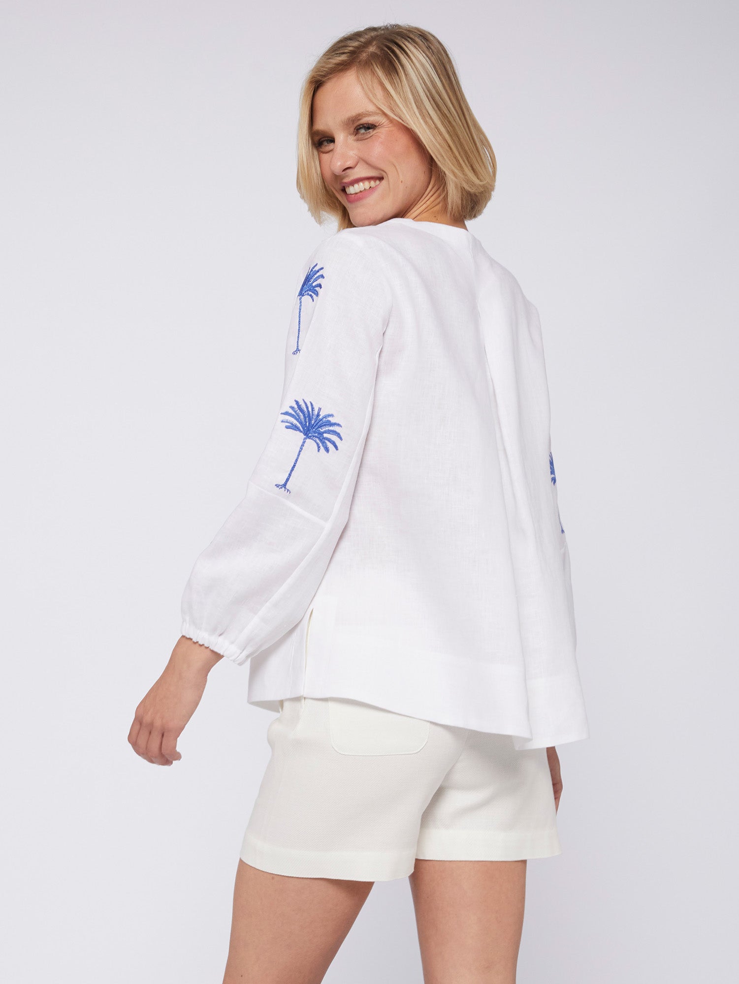 White Linen Ebba Palm Tree Embroidered Blouse