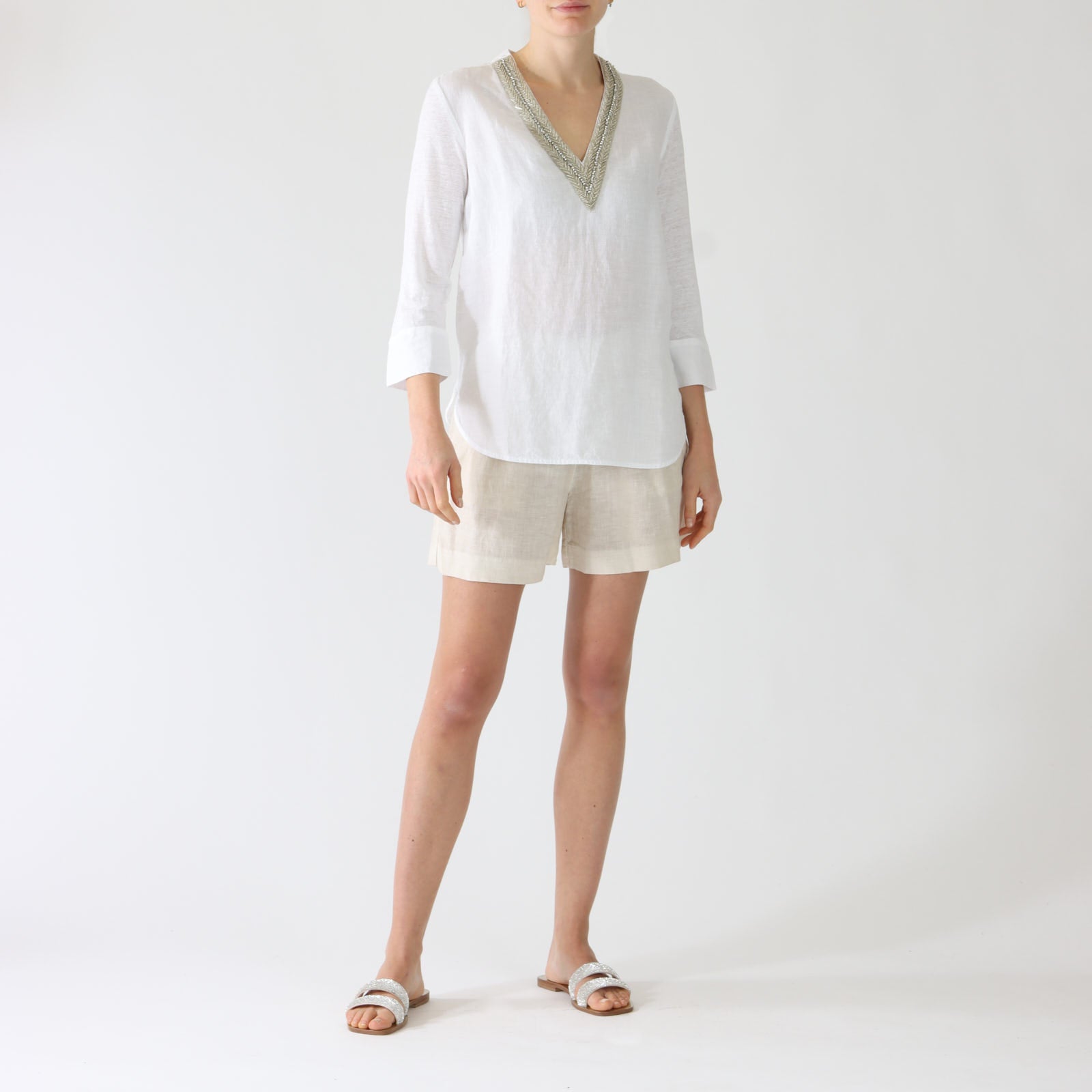 White Linen Top With Beaded Trim