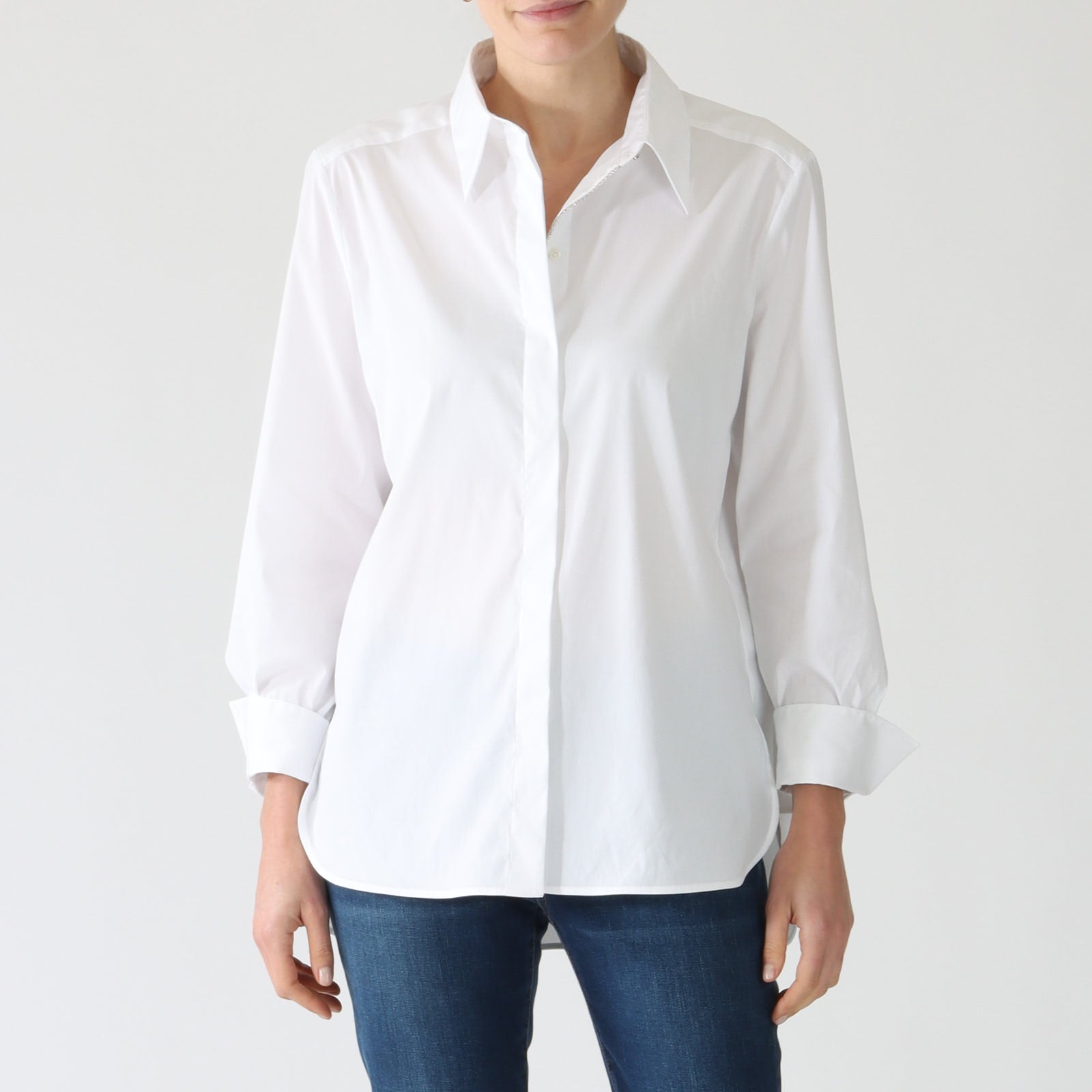 White Rhinestone Trim Cotton Shirt