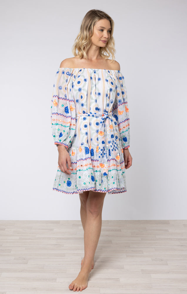 White & Royal Blue Embroidered Mexican Print Dress