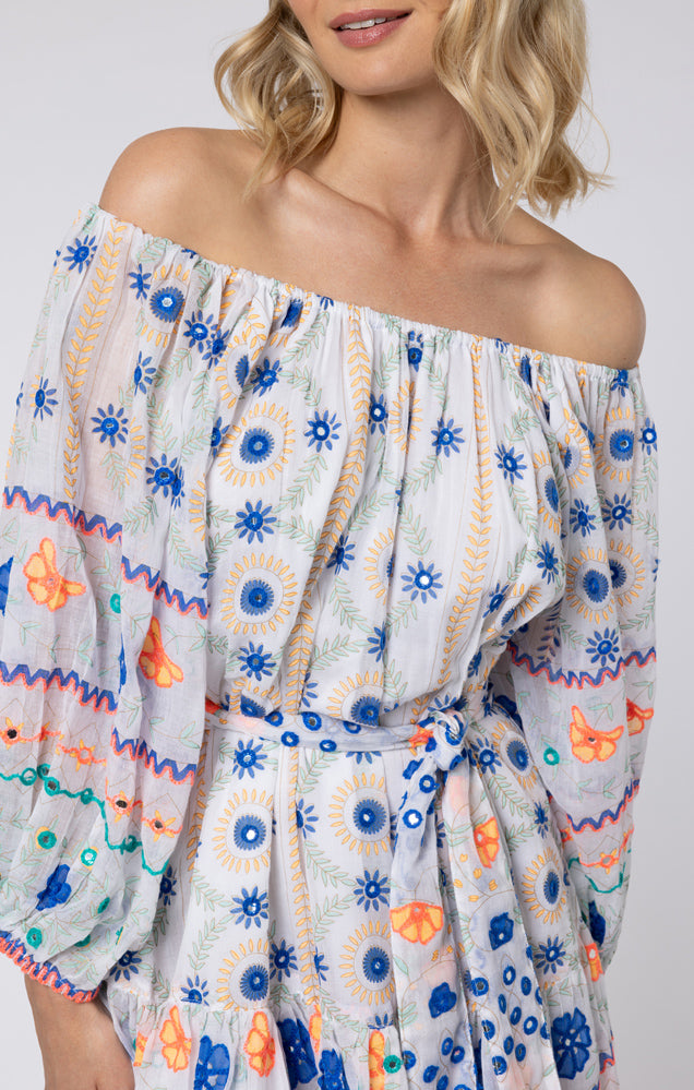 White & Royal Blue Embroidered Mexican Print Dress