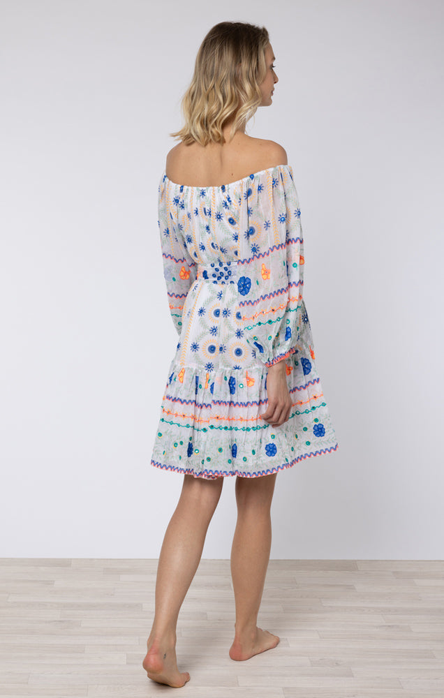 White & Royal Blue Embroidered Mexican Print Dress