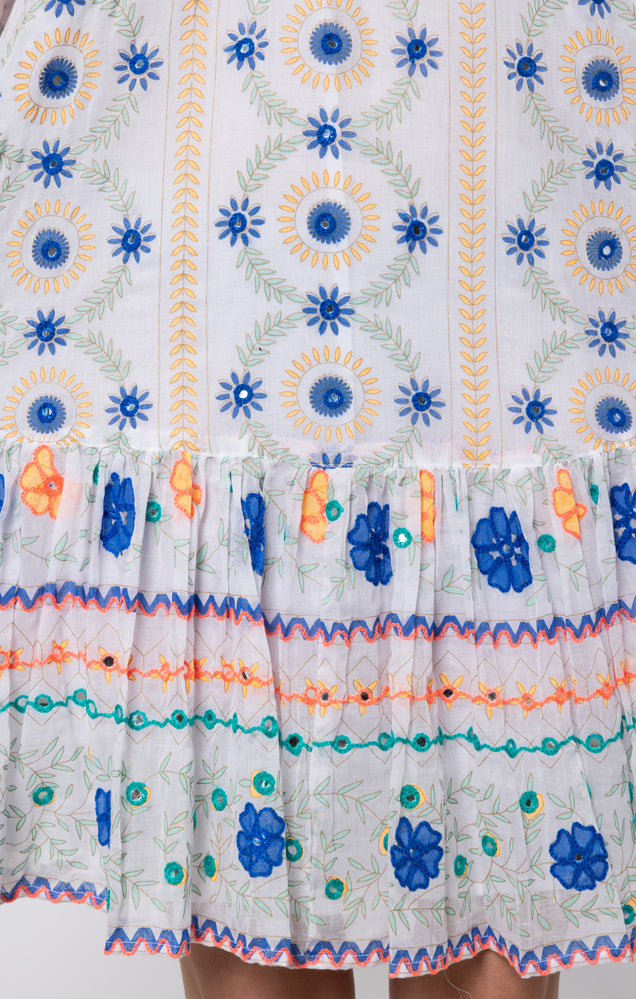 White & Royal Blue Embroidered Mexican Print Dress