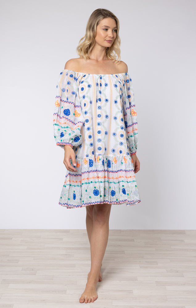 White & Royal Blue Embroidered Mexican Print Dress