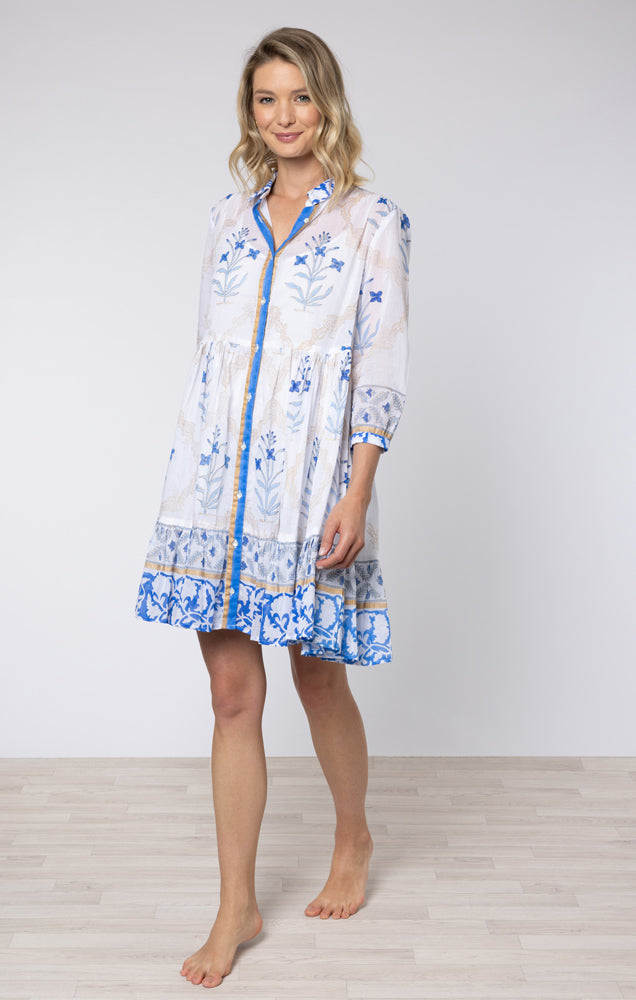 White & Royal Blue Floral Tile Print Shirt Dress