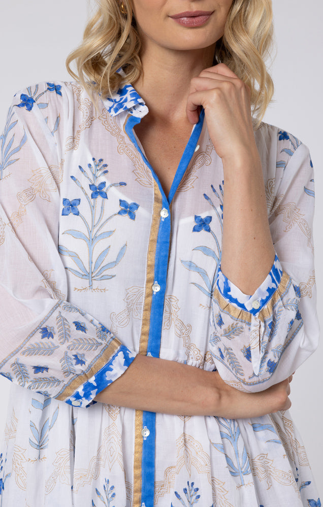 White & Royal Blue Floral Tile Print Shirt Dress