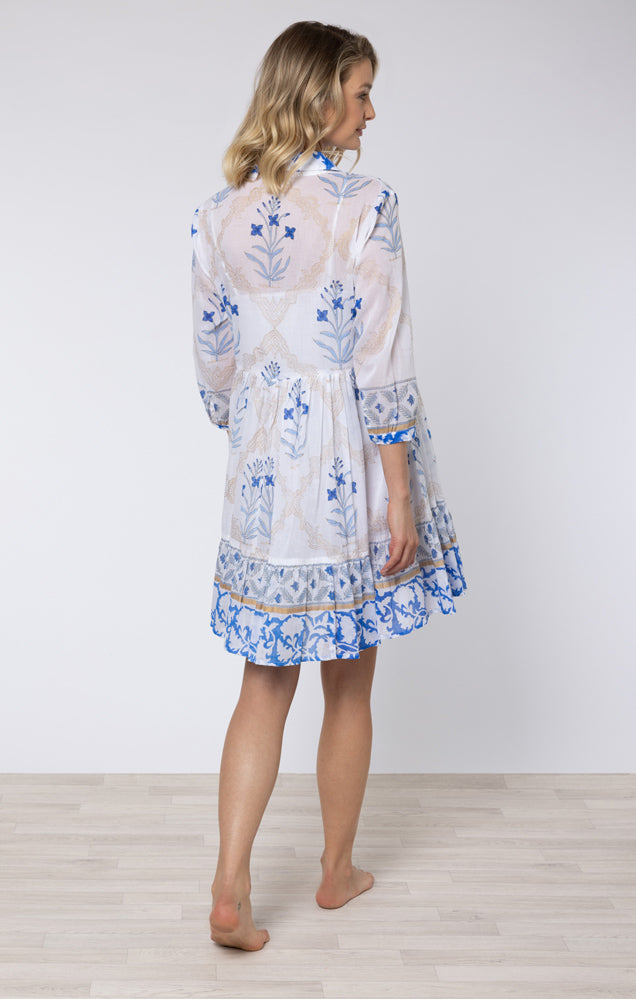 White & Royal Blue Floral Tile Print Shirt Dress