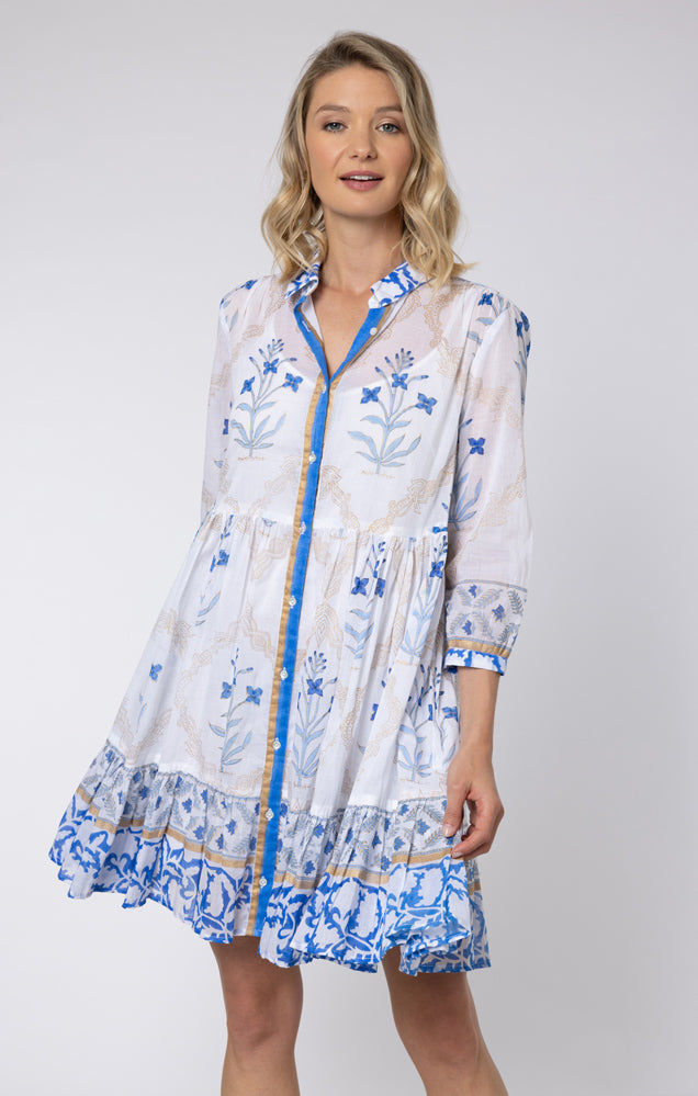 White & Royal Blue Floral Tile Print Shirt Dress