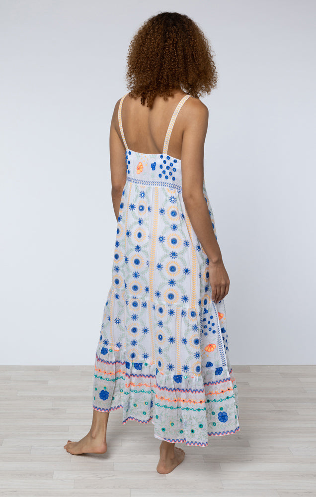 White & Royal Blue Intricate Embroidered Dress