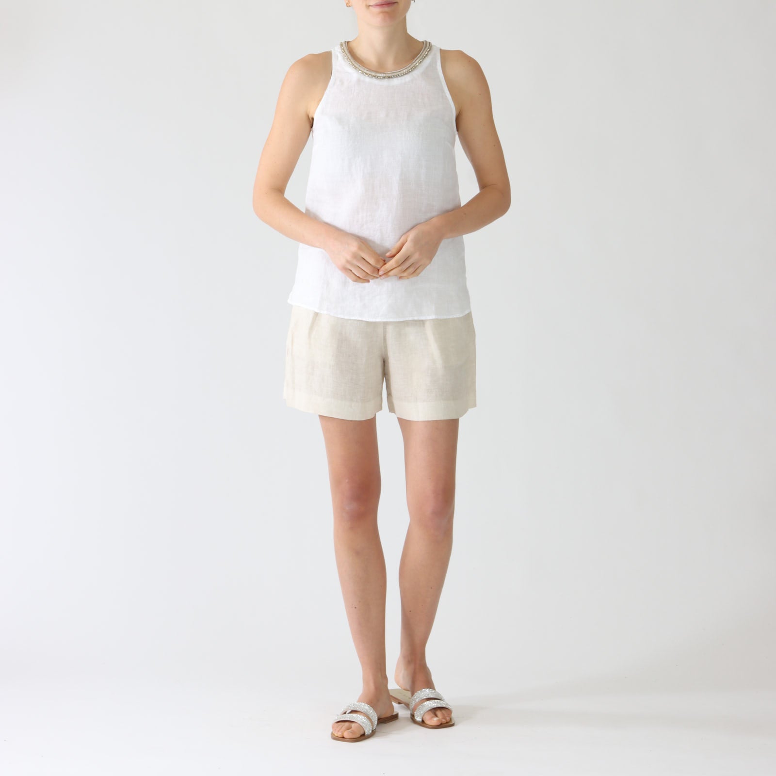 White Sleeveless Linen Top With Beaded Trim