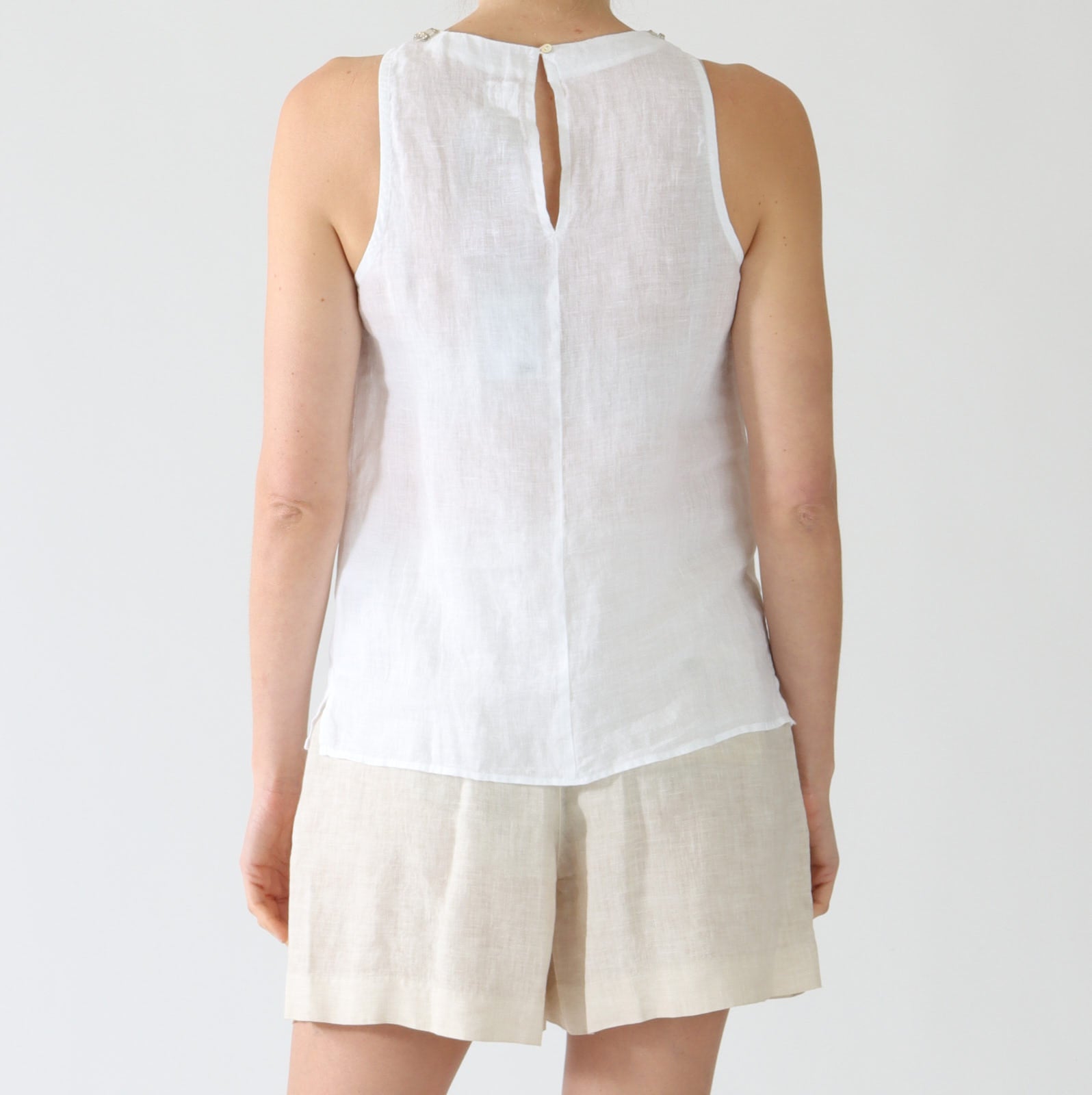 White Sleeveless Linen Top With Beaded Trim