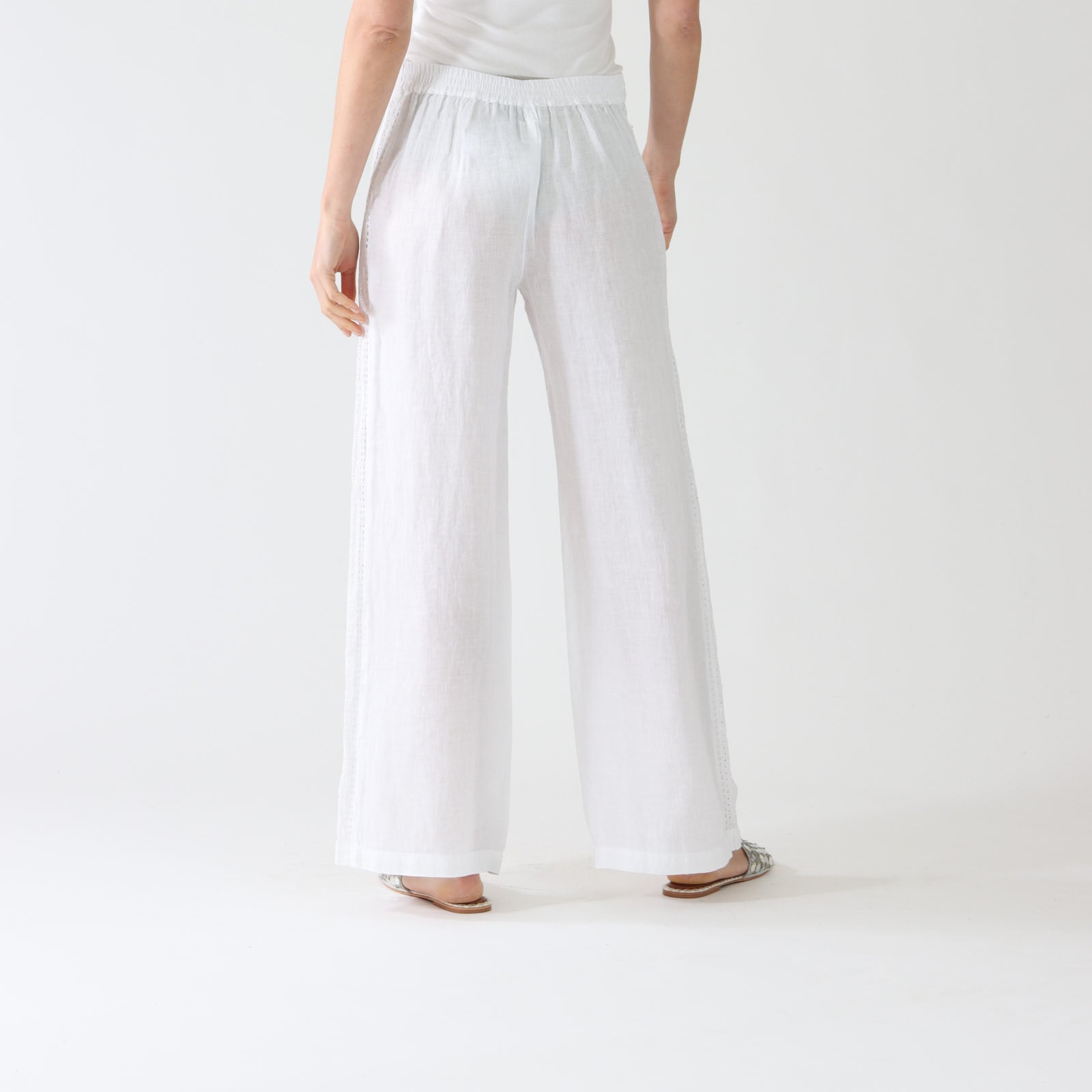 White Wide Leg Linen Trousers With Lace Trim