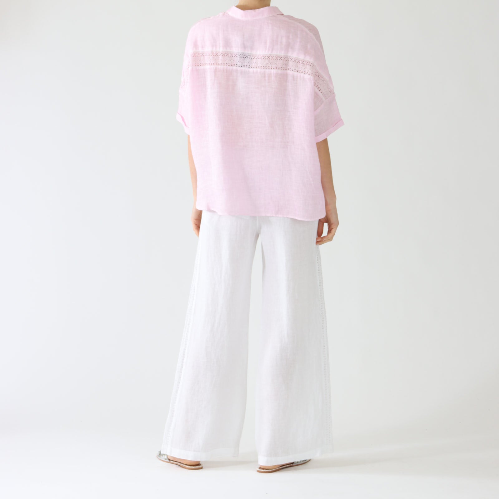 White Wide Leg Linen Trousers With Lace Trim