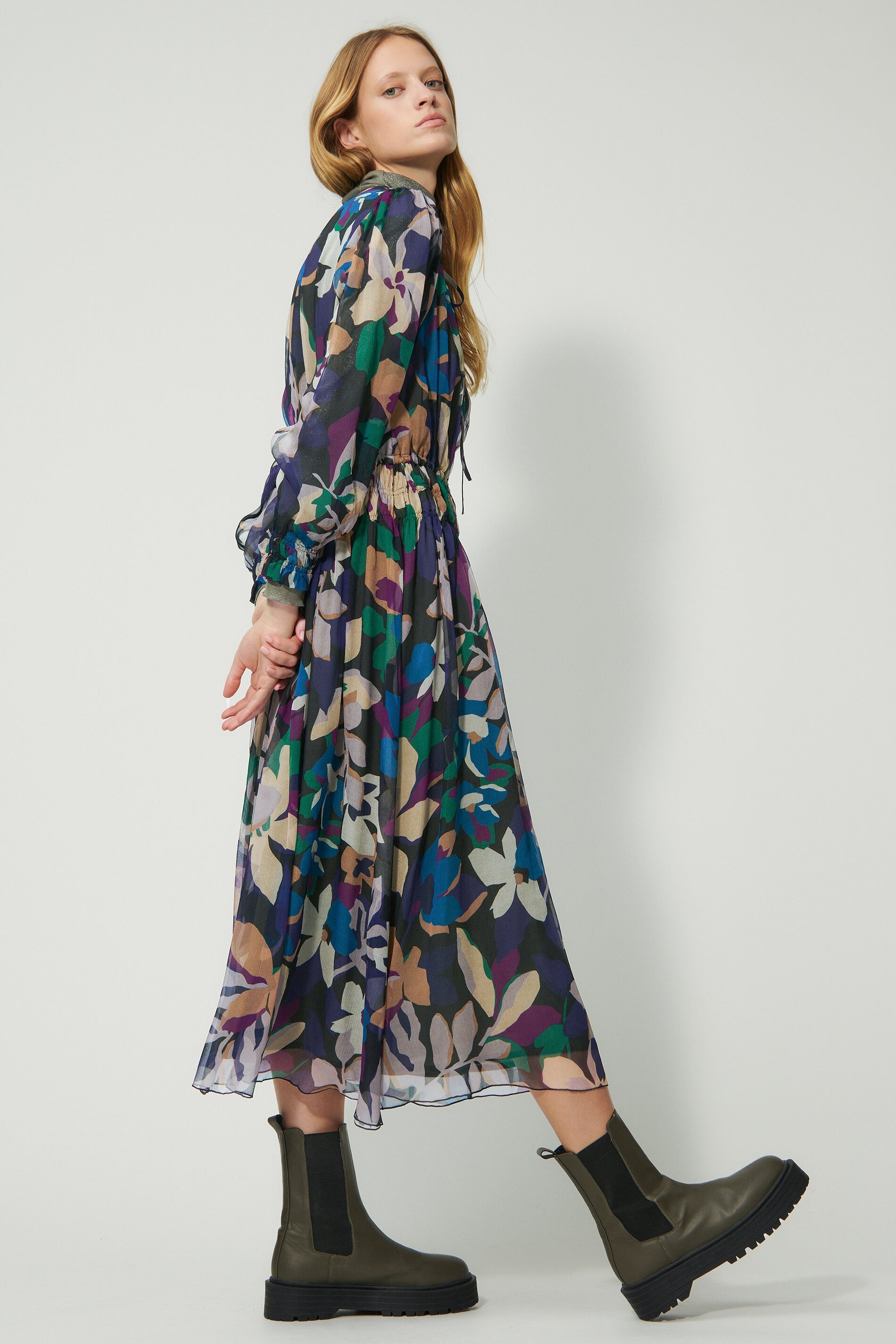 Winter Flower Printed Silk Midi Dress