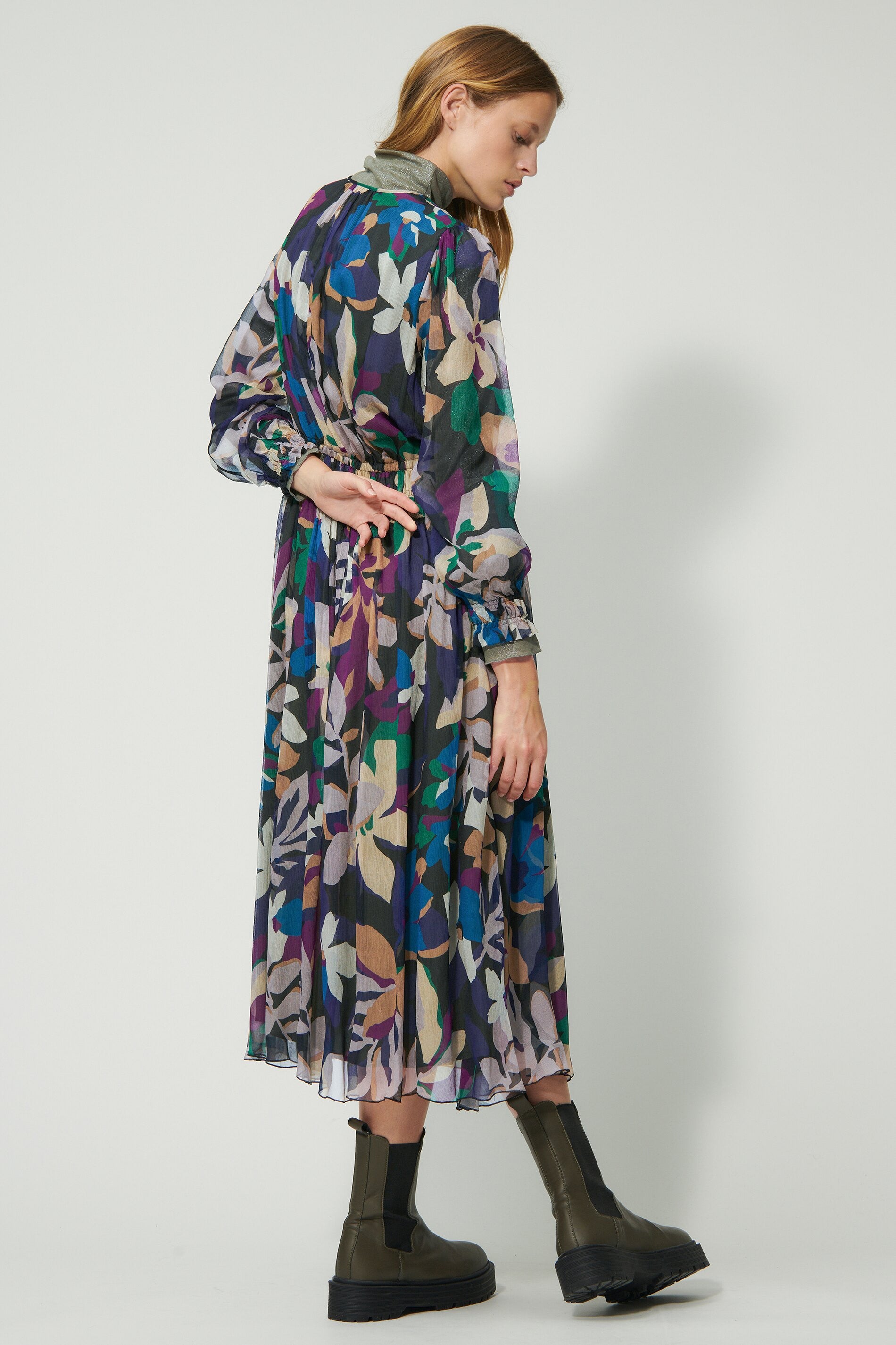 Winter Flower Printed Silk Midi Dress