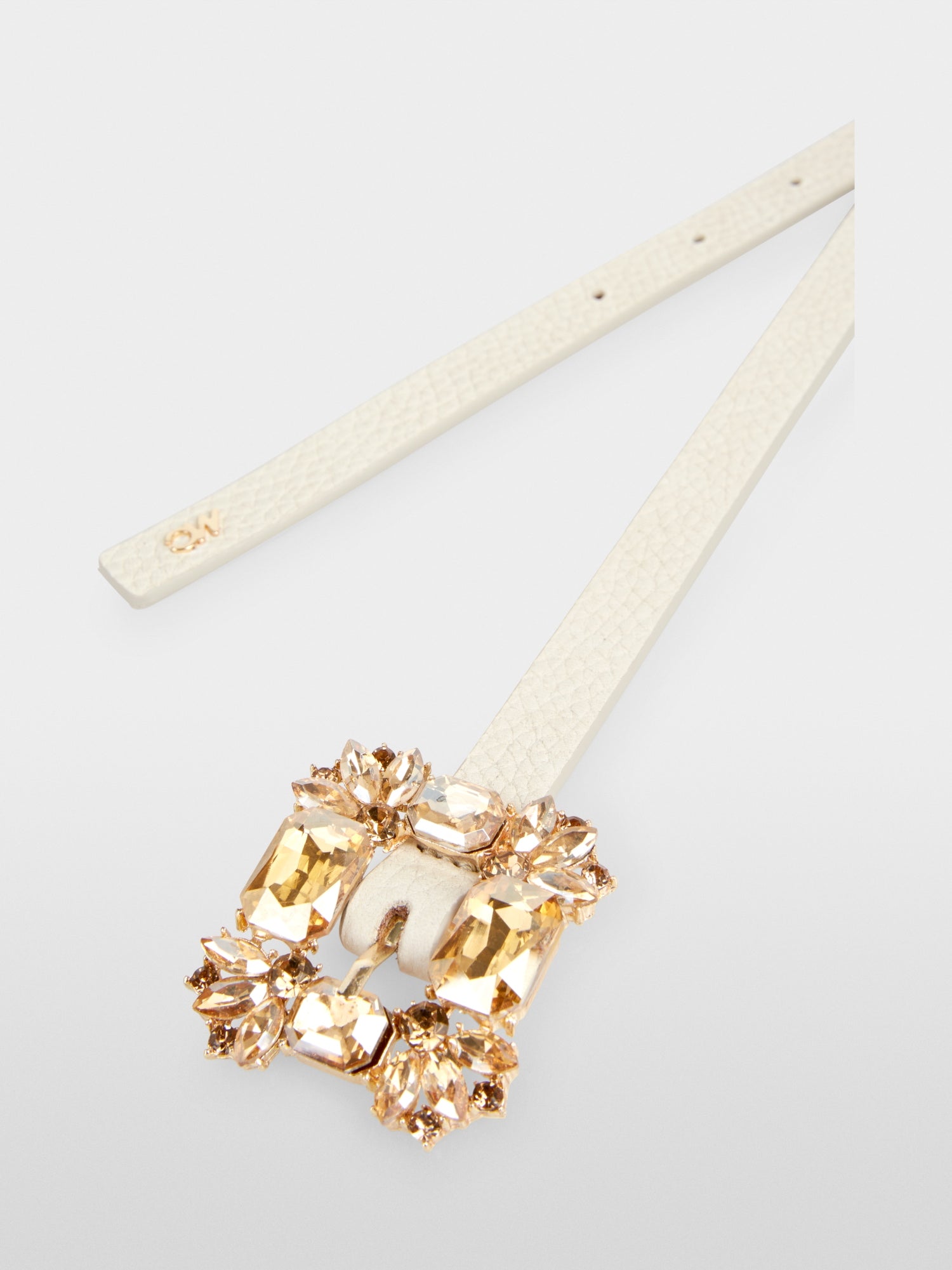 Bright Ecru Leather Belt With Crystal Buckle