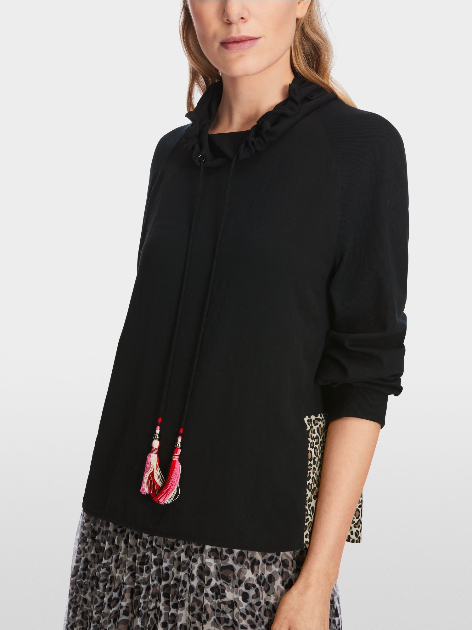 Black Stretch Cotton Lee Big Print Trim Hoodie