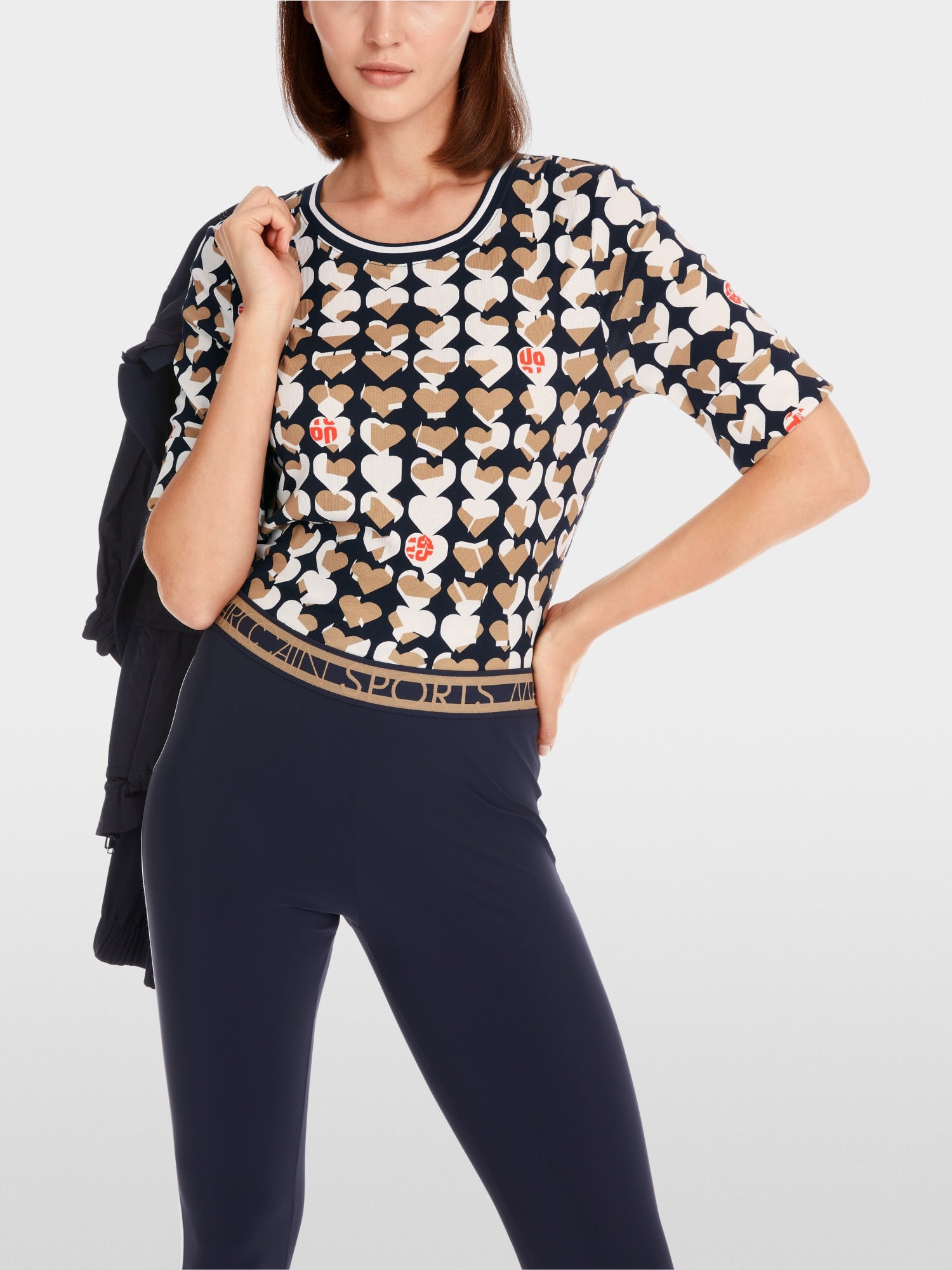 Navy Splithearts Print Stretch Cotton Top