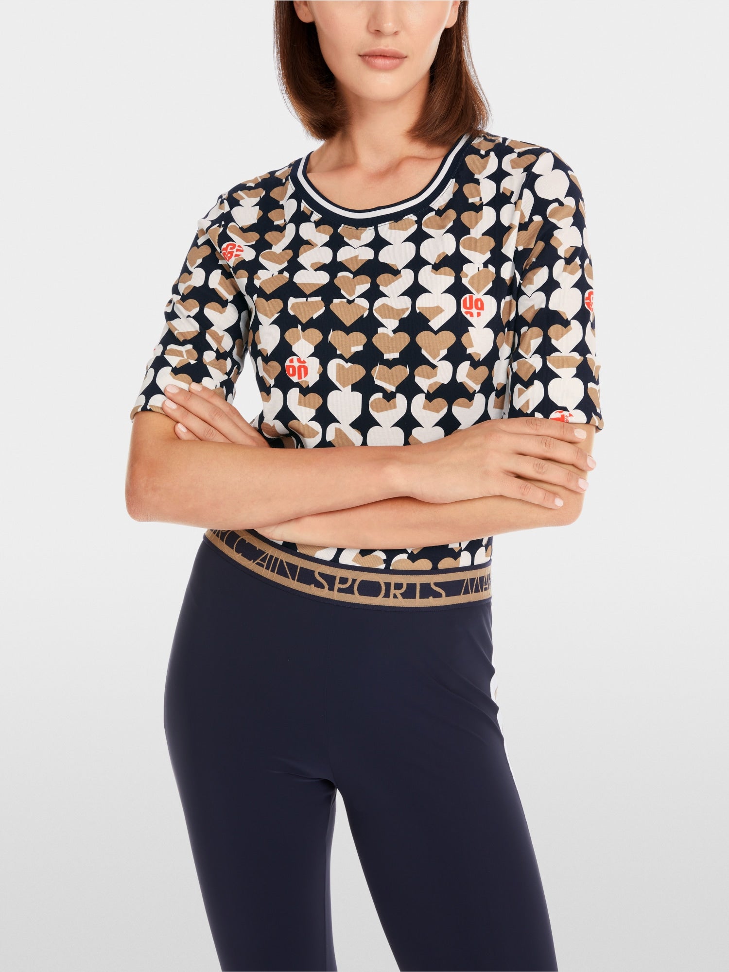 Navy Splithearts Print Stretch Cotton Top