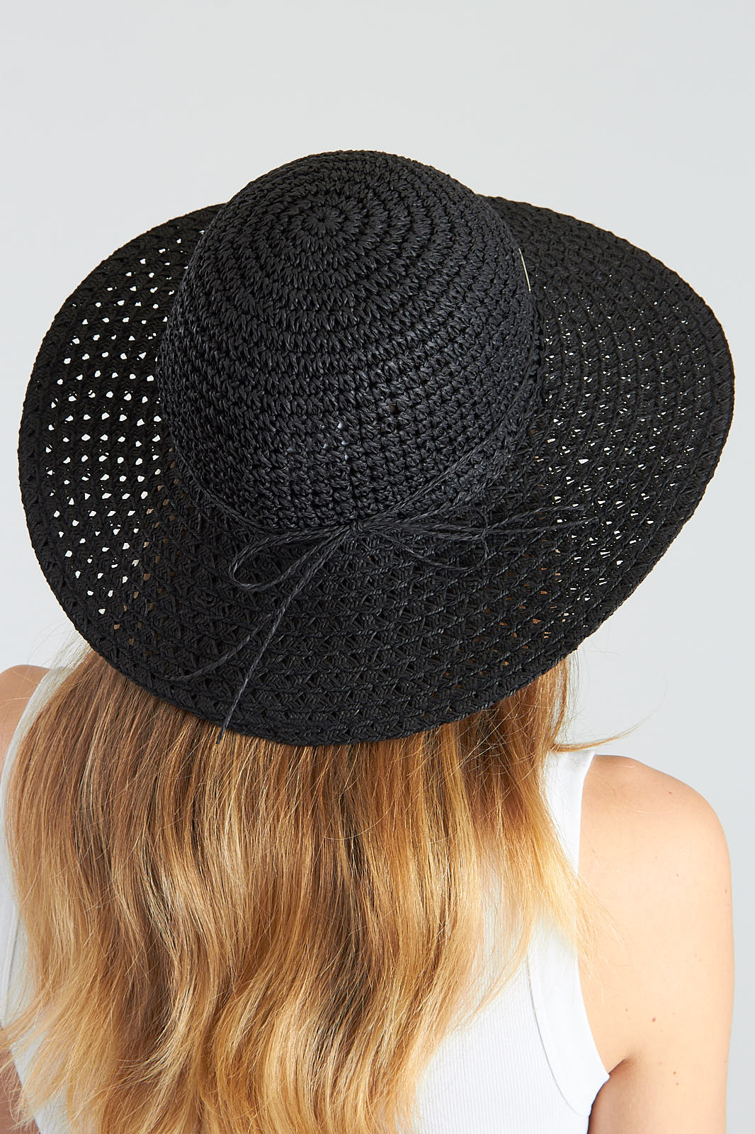 Black Bow Paper Crochet Floppy Sun Hat