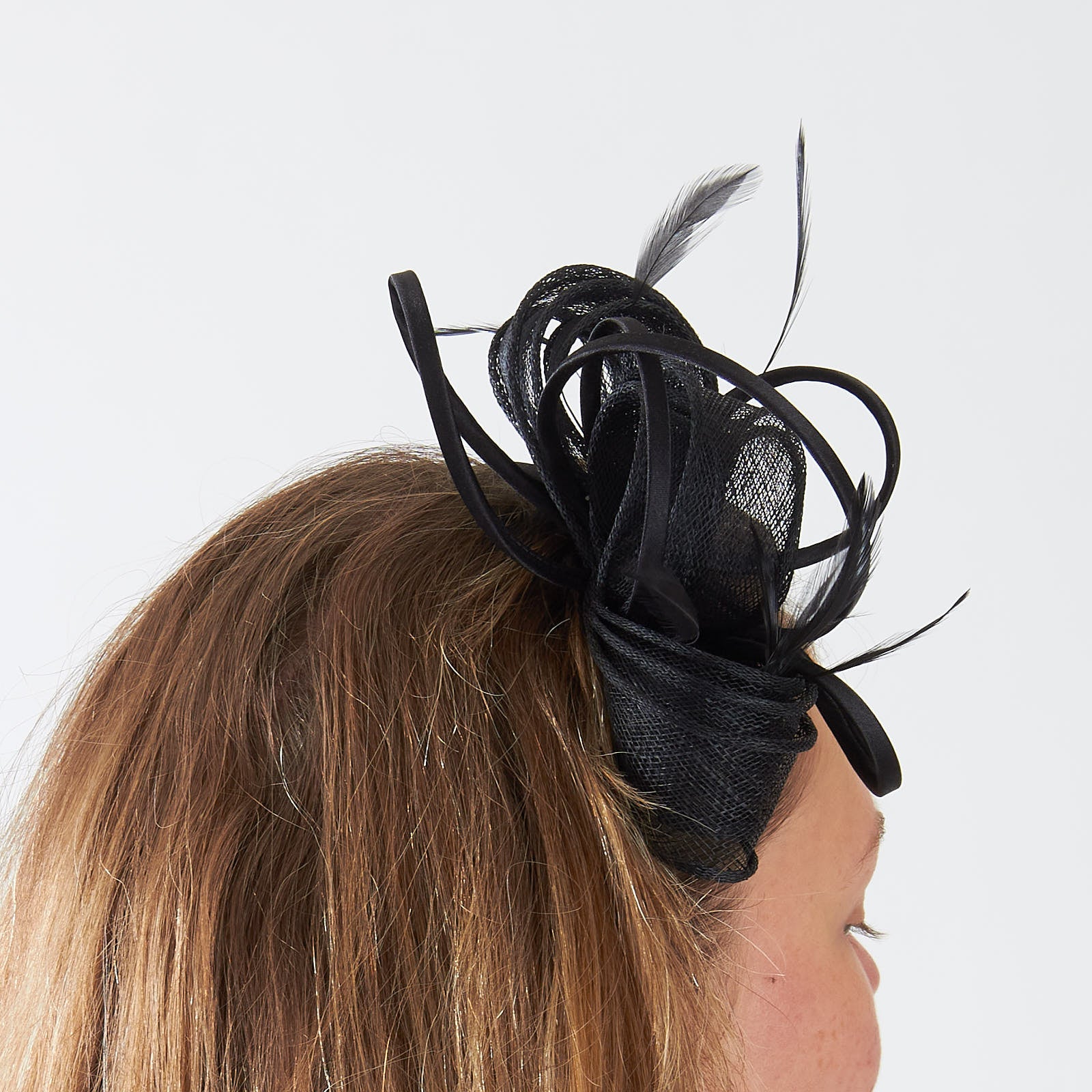 Black Sinamay Bow & Feather Headband Fascinator