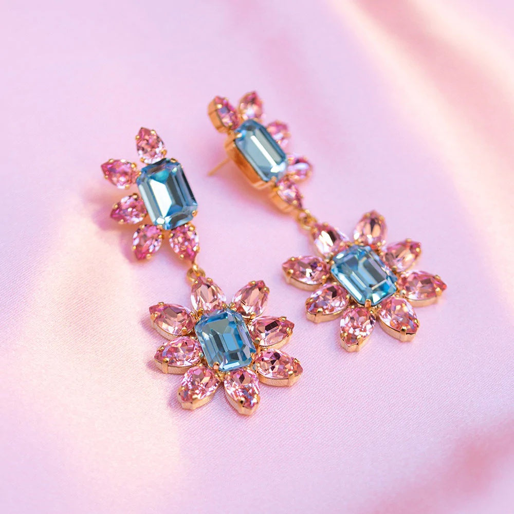 Gold Flora Light Rose and Aqua Crystal Earrings