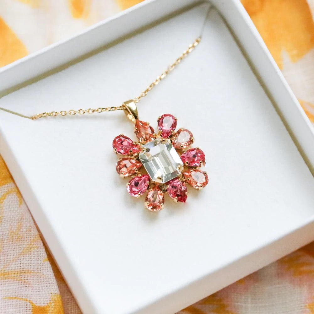 Gold Peony Coral Combo Crystal Necklace