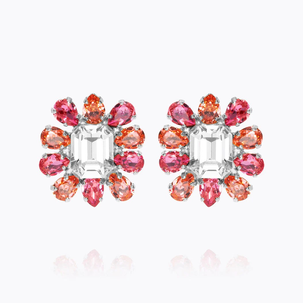 Rhodium Peony Coral Combo Crystal Earrings