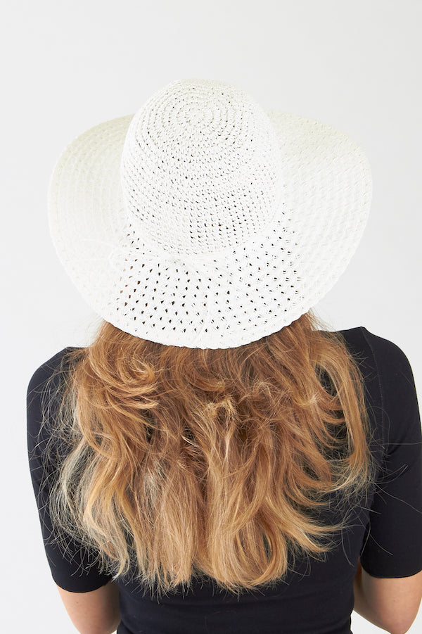 White Bow Paper Crochet Floppy Sun Hat